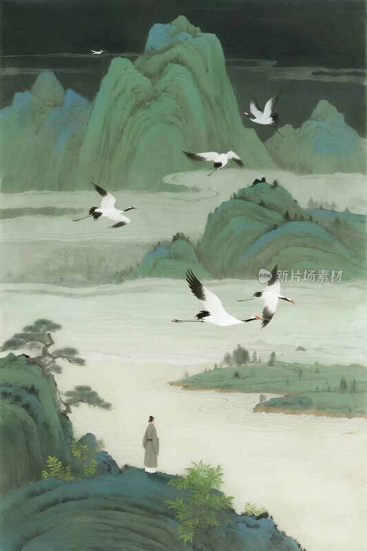 山水飞鸟水墨插画