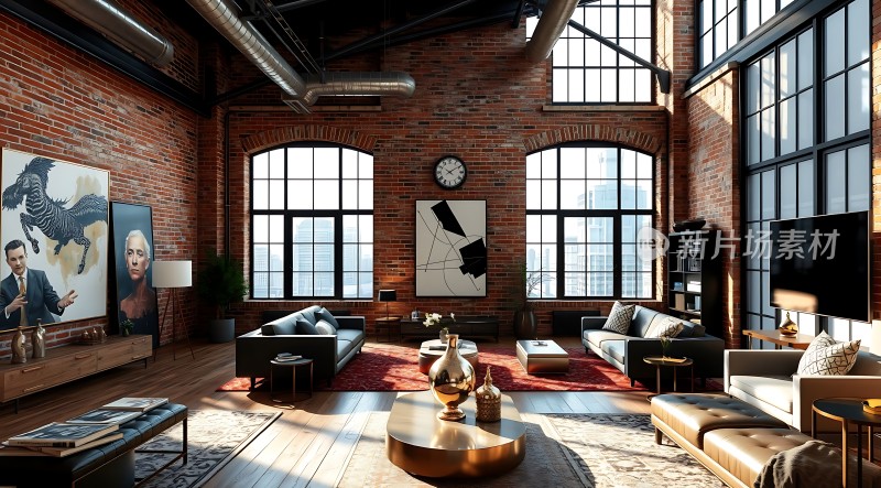 现代工业风大宅红砖墙配落地窗舒适沙发与艺术装饰