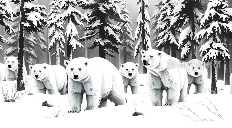 雪原上的北极熊家族