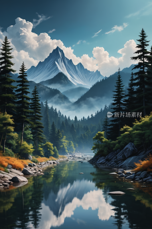 河流和树木山景高清插图图片