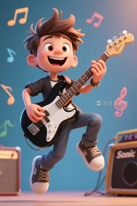 卡通小孩弹吉他动态画面