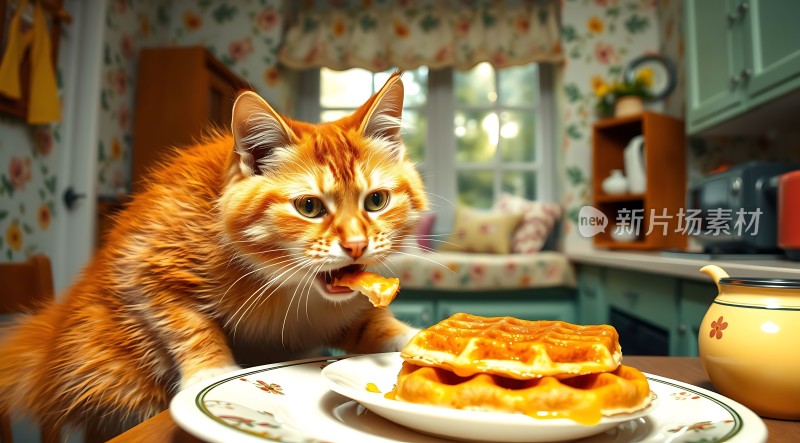 橘猫偷吃华夫饼