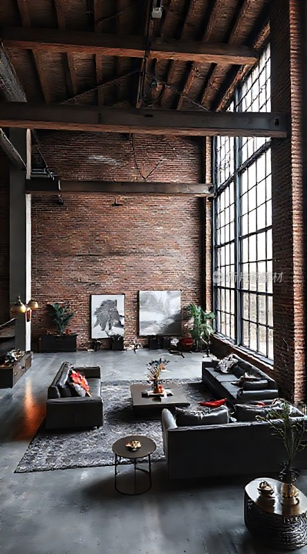 工业风大宅砖墙与沙发相映成趣