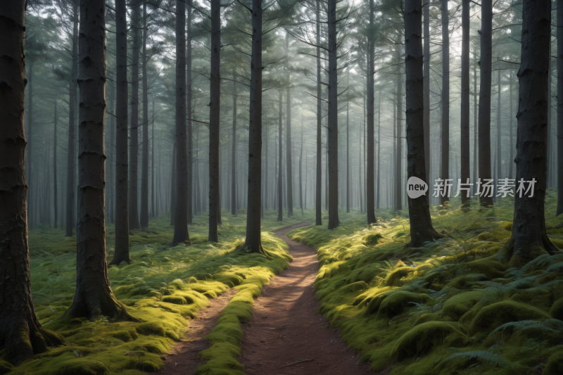 森林中的小路地面上长满苔藓高清风景图片