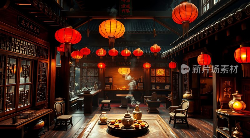 古色古香茶馆红灯笼映照传统韵味