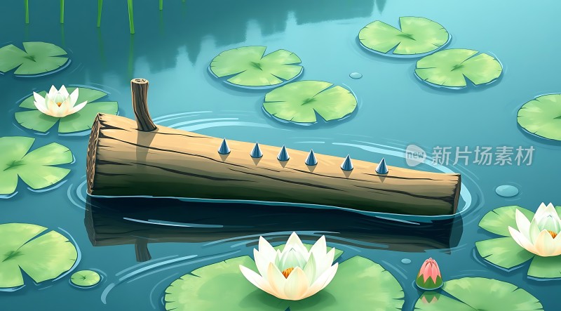 湖中木桩与荷花