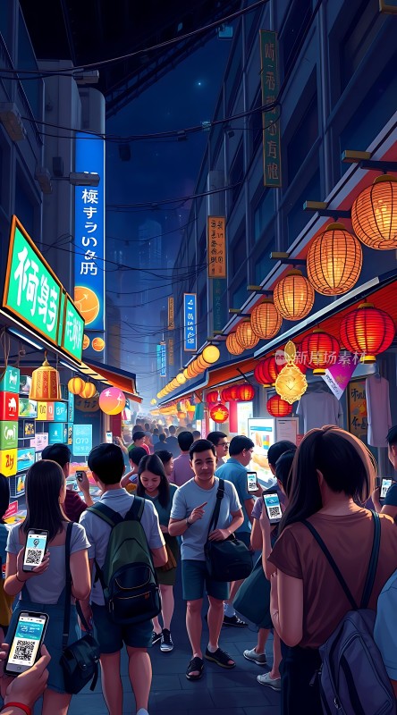 繁华夜市人潮涌动霓虹灯下热闹非凡