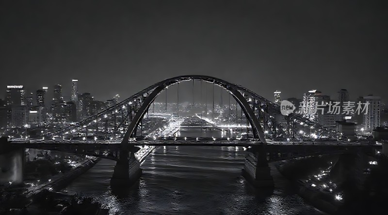 夜幕下的城市风光拱桥与灯火璀璨的建筑群相映成趣