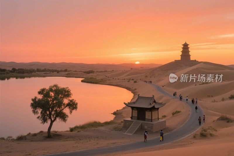 沙漠夕阳古建风光