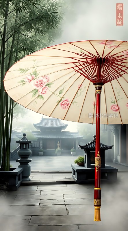 古风油纸伞下的庭院美景