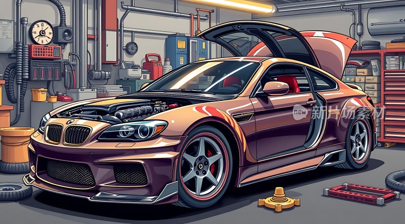 机械车间里的宝马跑车