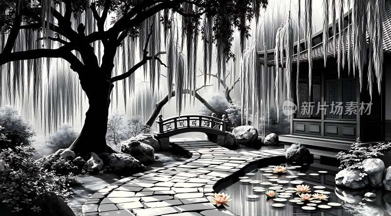 古桥静卧柳垂岸荷塘月色映水间