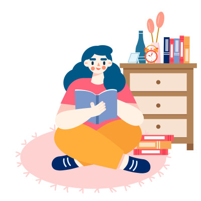 坐在房间地上阅读学习的女孩 坐在房间地上阅读学习的女孩