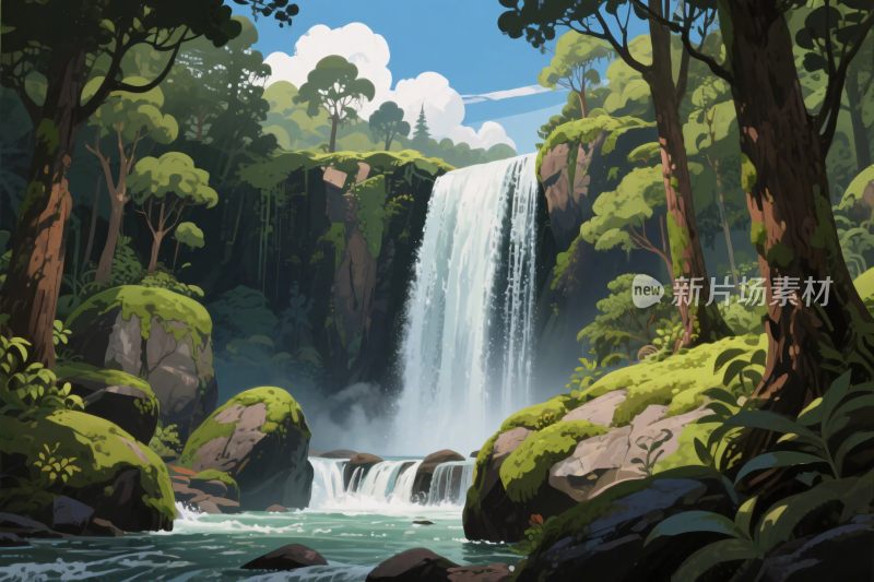 森林瀑布风景插画