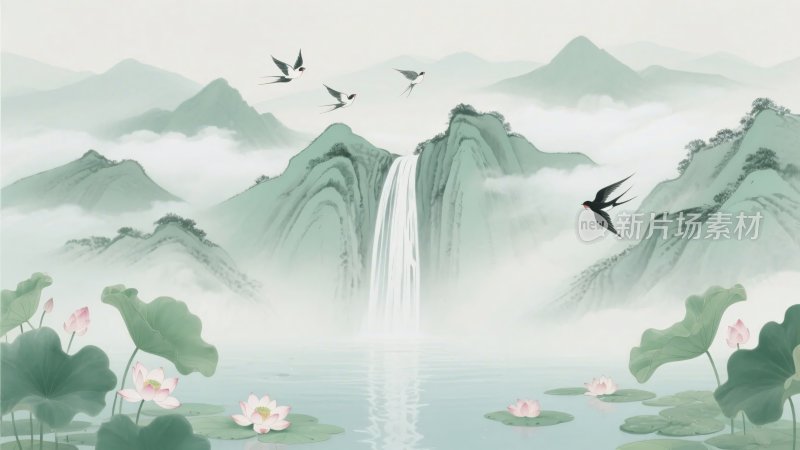 中式山水瀑布荷花飞鸟图景