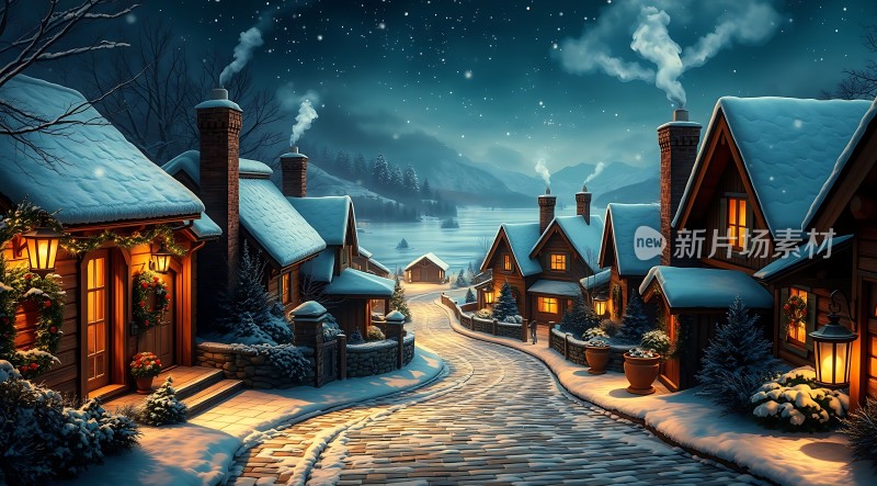 雪夜小镇温馨宁静