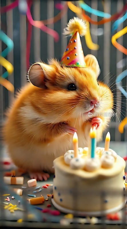 戴生日帽的小仓鼠与蛋糕