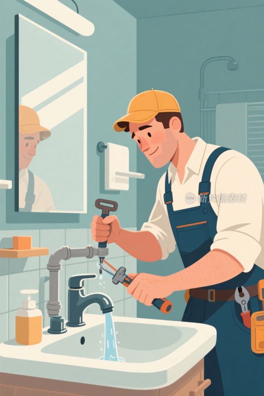 维修水龙头的工人插画