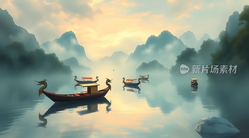 晨雾中的龙船之旅