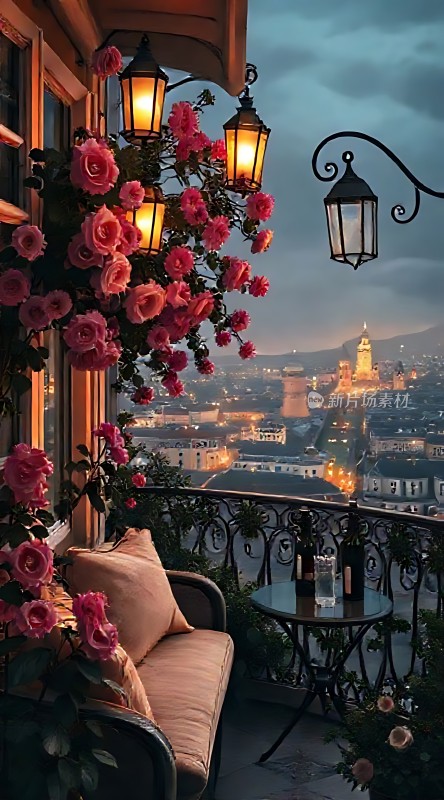 夜幕下的浪漫阳台粉红玫瑰与城市夜景相映成趣