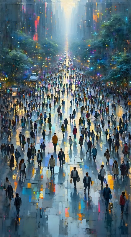 繁华都市街头人群熙攘霓虹闪烁