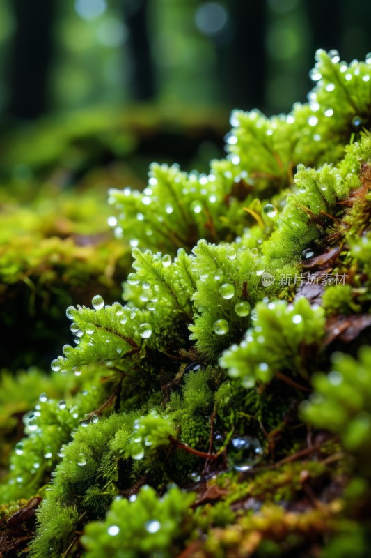 苔藓覆盖的树干上有水滴特写高清风景图片