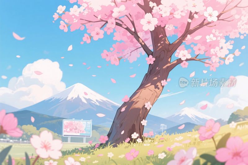 春日樱花富士山插画