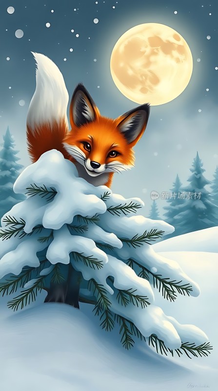雪夜月光下的红狐