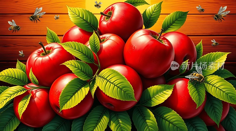 红苹果与绿叶蜜蜂
