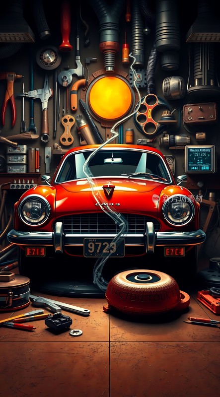 车库里的经典红色汽车与工具