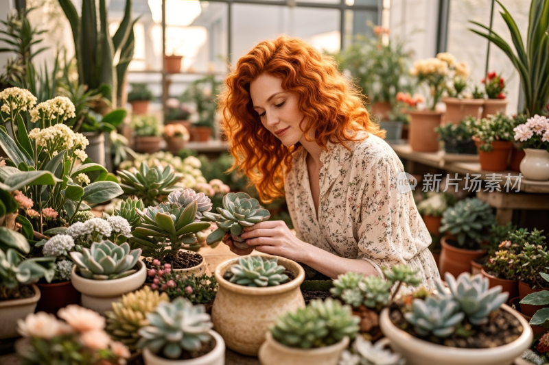 红头发的女人看着温室里的盆栽植物高清图片