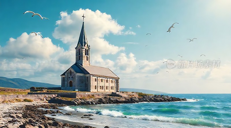海边的教堂与飞翔的海鸥