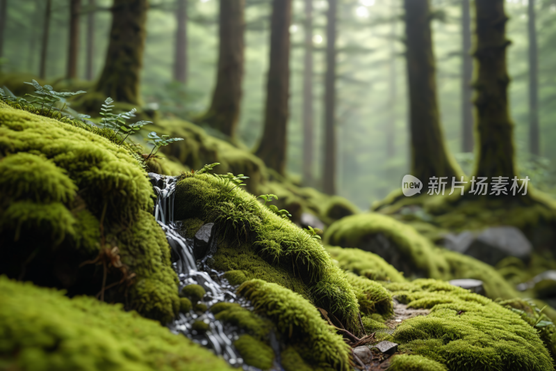 苔藓覆盖着溪流森林中的岩石和树木风景图片