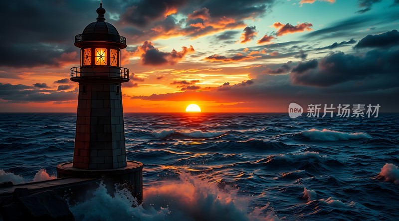 日落灯塔海浪汹涌