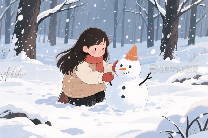 冬日雪地女孩砌雪人