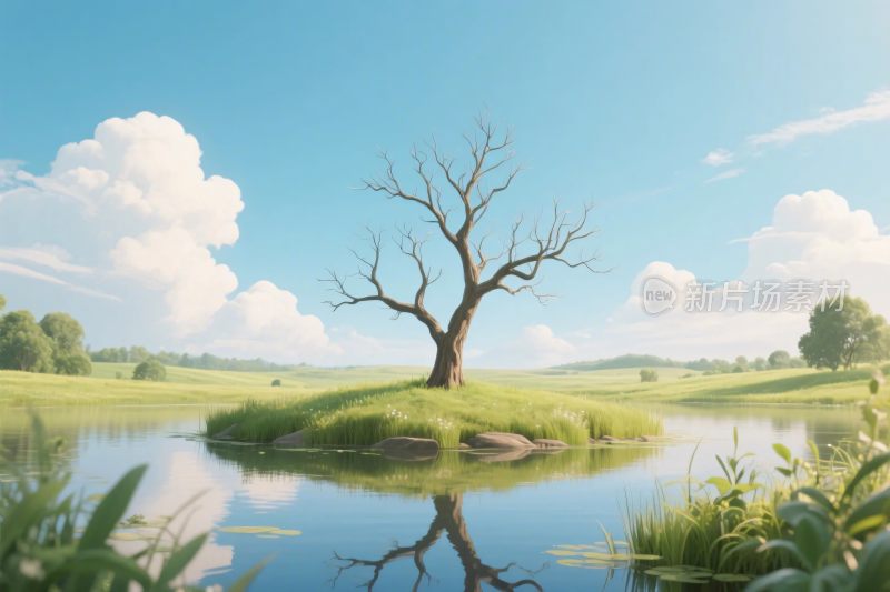 湖心孤树风景插画