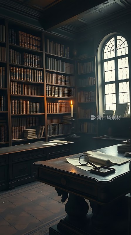 古色古香书房书架、桌椅与自然光相映成趣