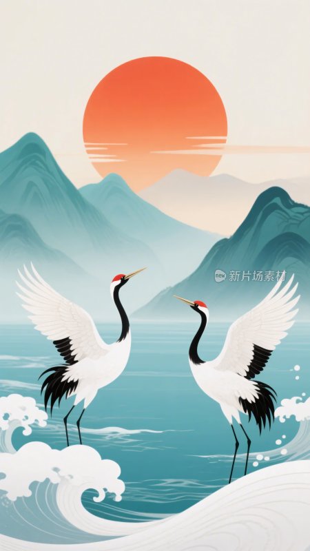 双鹤于山水间伴日图