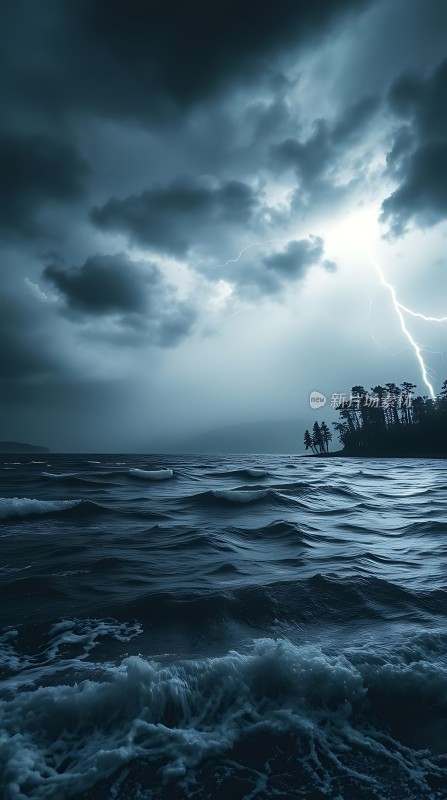 暴风雨中的闪电与海浪