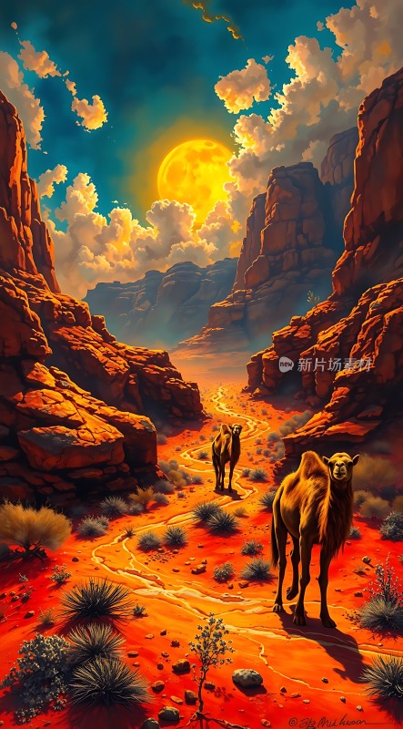 沙漠驼影日落图