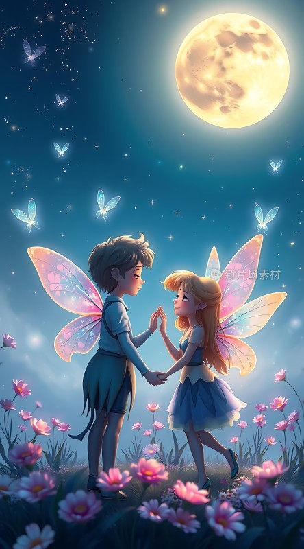 仙子与少年在花丛中相视而笑