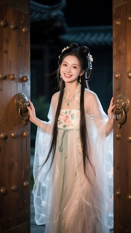 汉服佳人门扉轻启笑颜如花