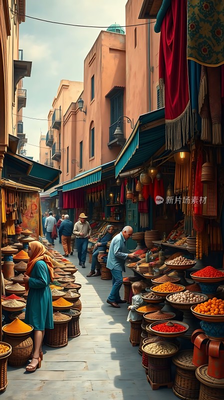 摩洛哥集市色彩斑斓的商品与热闹的人群