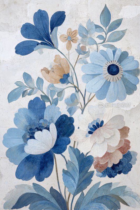 蓝白花卉插画图案