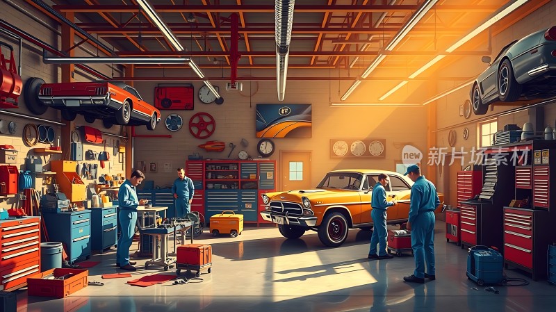 阳光下的车库里的修车工人们