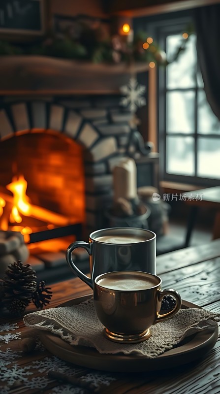 温馨壁炉旁的温暖咖啡时光