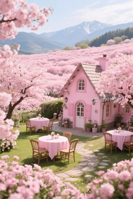 粉色樱花童话小屋场景