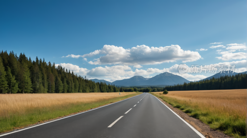 道路远处一座山一片草地