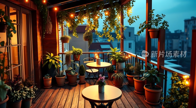 温馨阳台绿意盎然灯光璀璨夜色迷人