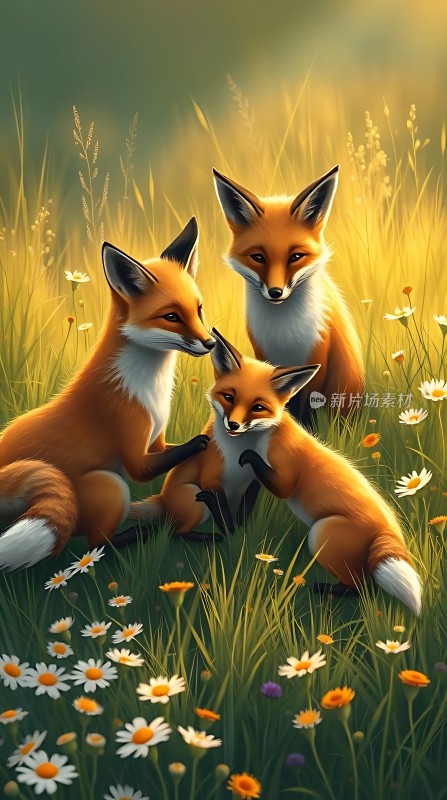 三只狐狸在花丛中嬉戏